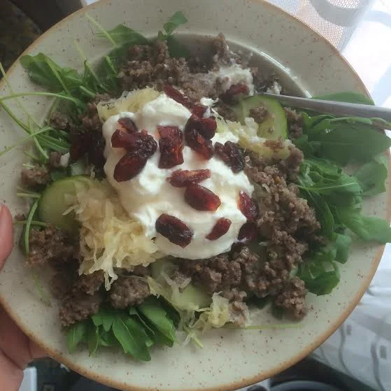 Typical lunch - arugula, ground lamb, duke, sauerkraut, yogurt and a few dried cranberries