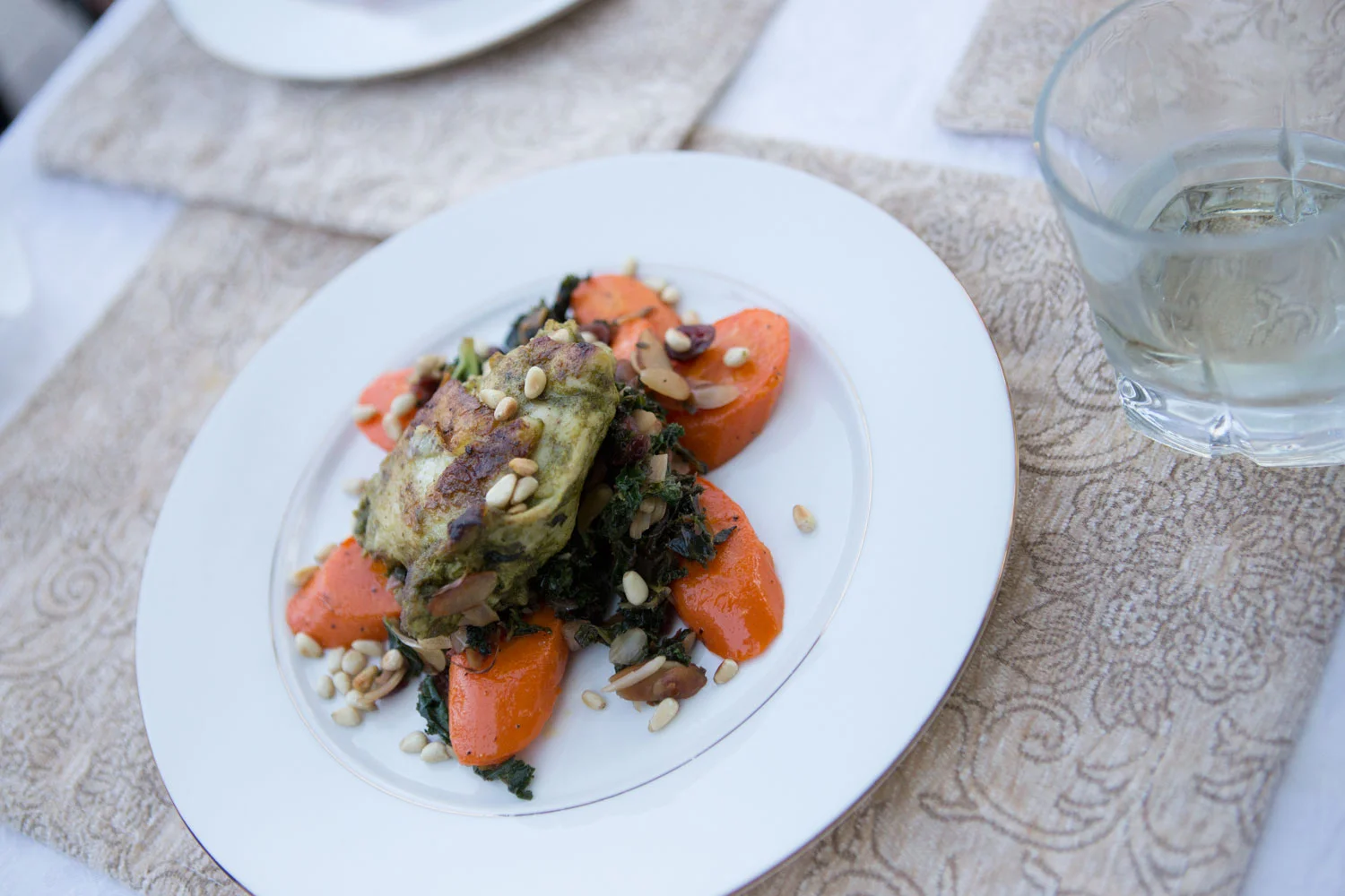 Dinner, roasted veggies with chicken toasted pine nuts