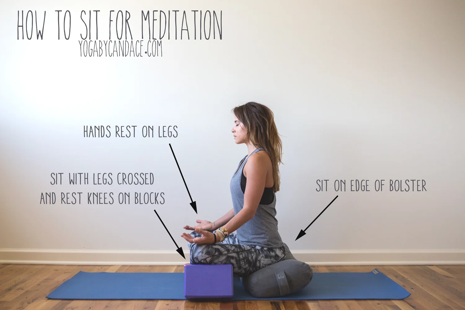 Pin now, practice later- ways to sit for meditation Wearing: sweaty betty pants , montiel tank , hard tail bra ( similar ). Using: blocks , bolster , yoga mat .