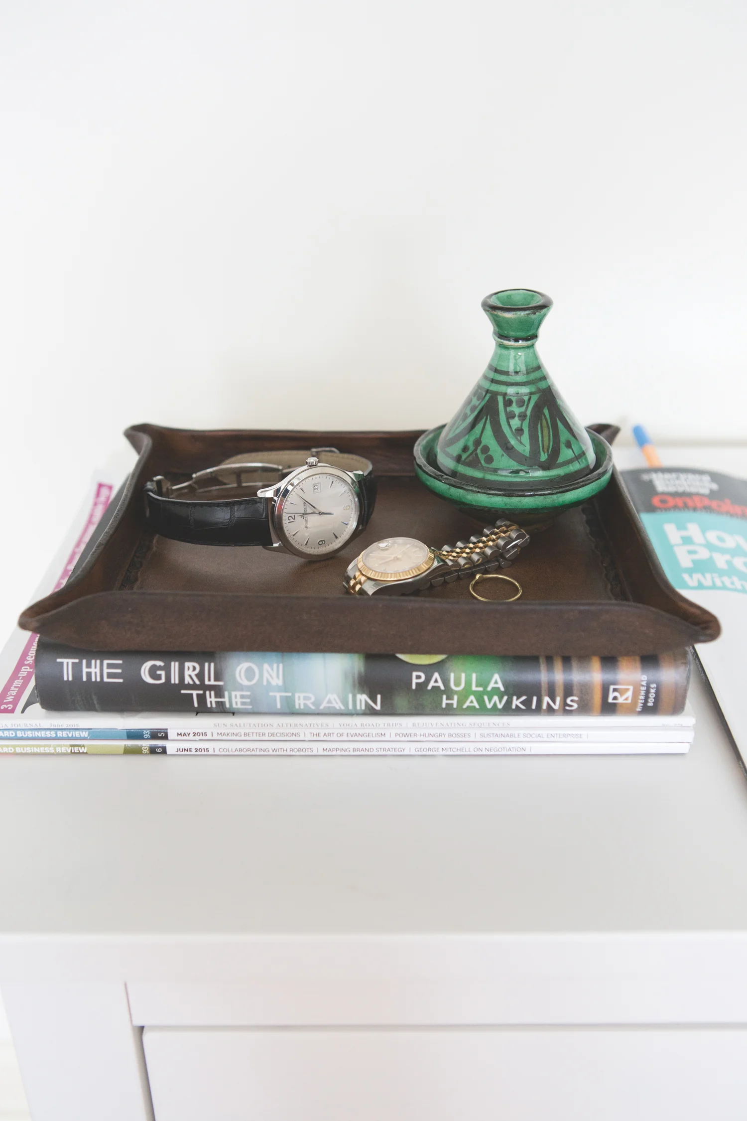 Nightstand- girl on the train , leather catch all c/o (10% off when you sign up for Wizened Oak Leather's mailing list ), tagine from Morocco