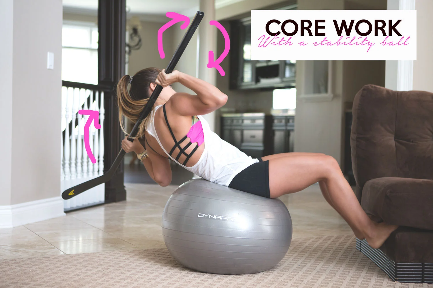 Pin now, practice later! Core work on a stability ball. Wearing: forever 21 tank , onzie bra , lululemon shorts .