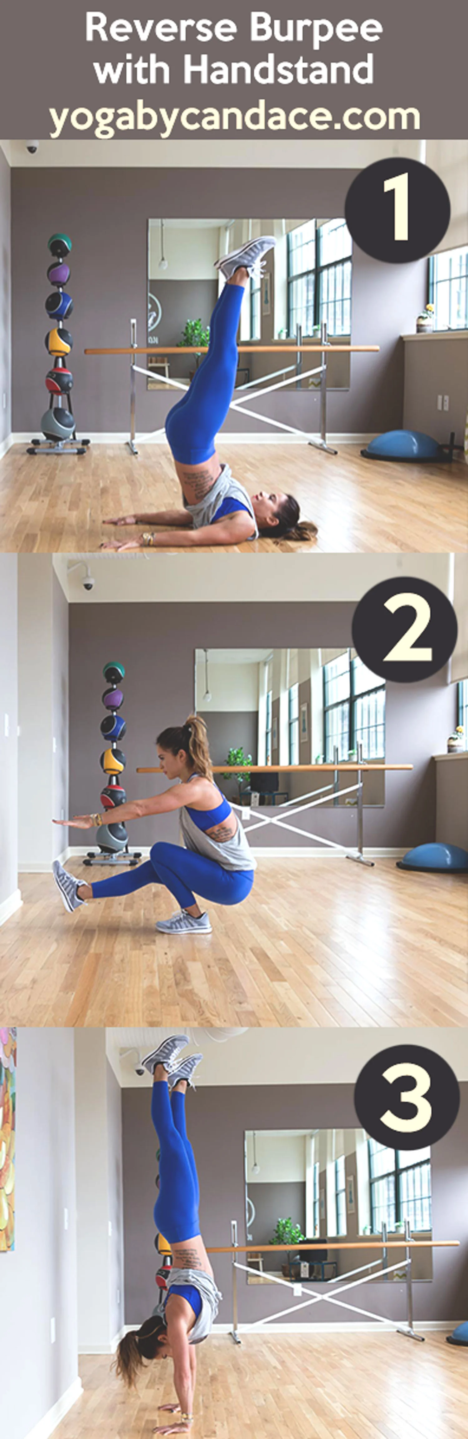 Pin now, practice later - how to do reverse burpees with handstands Wearing: APL sneakers , old leggings, hardtail tank , sadhana bra ( similar ) c/o