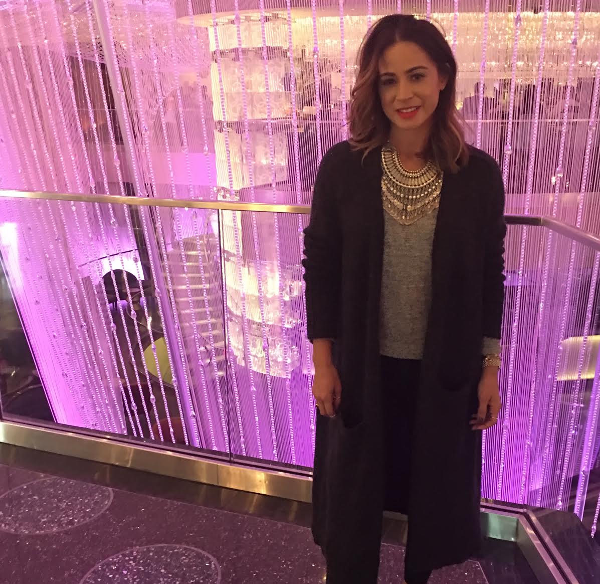 At The Cosmopolitan Wearing: free people duster cardigan , free people necklace .