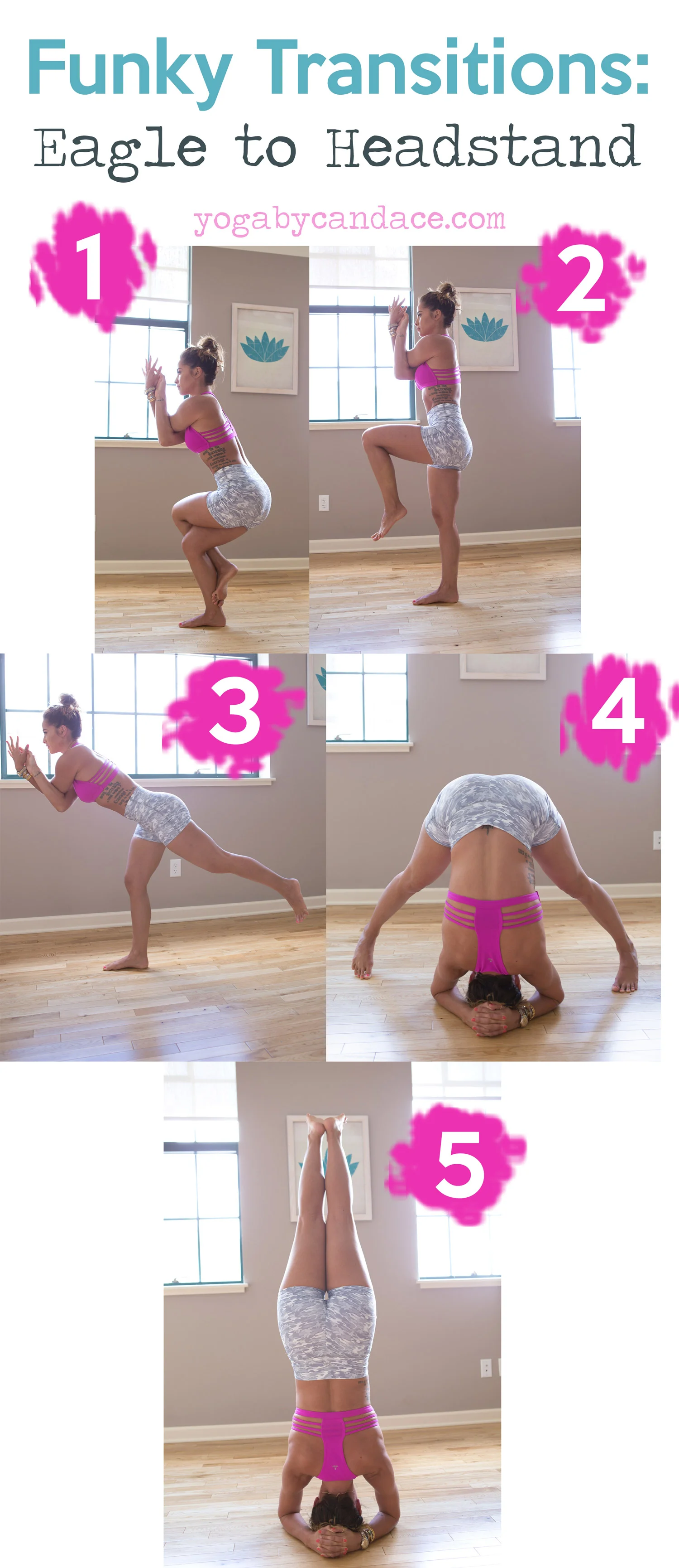 Pin now, practice later - funky transition from eagle pose to headstand Wearing: Teeki shorts c/o, Sadhana Bra