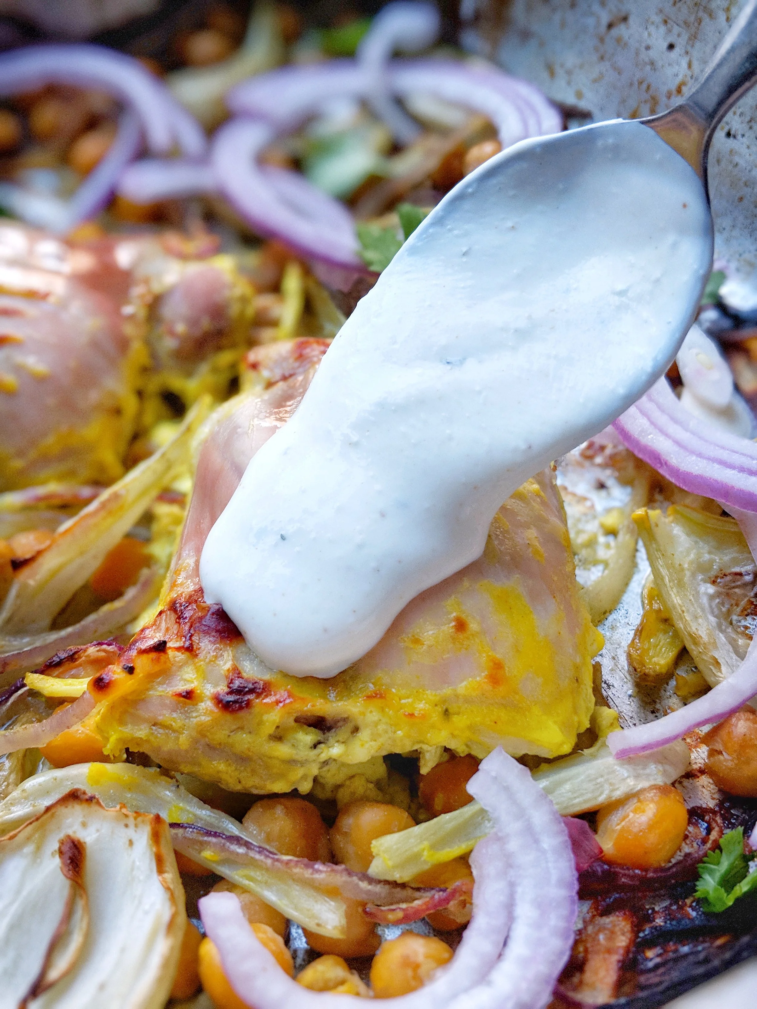 Yogurt-Marinated Sheet Pan Chicken with Chickpeas, Fennel, & Onions