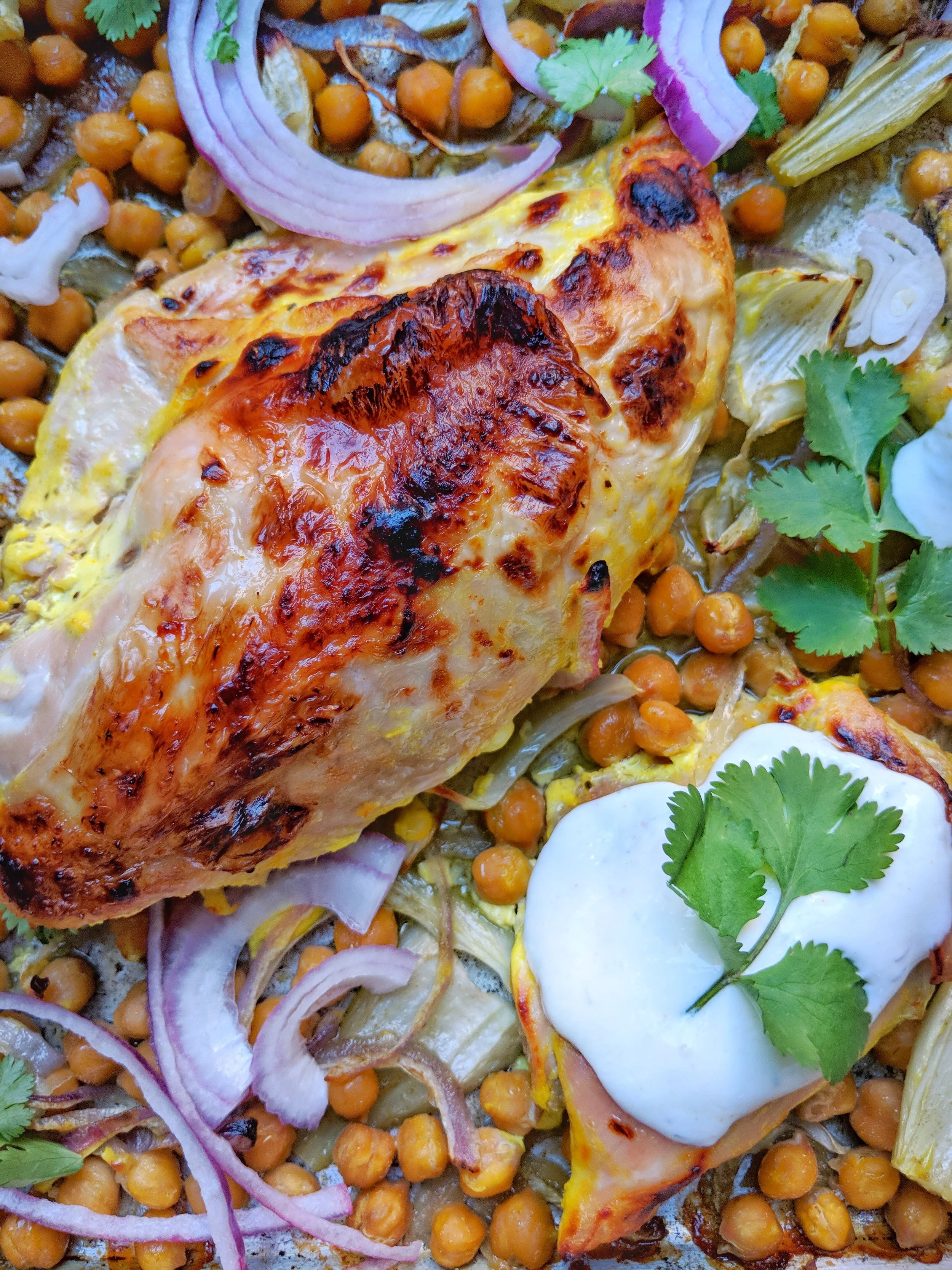 Yogurt-Marinated Sheet Pan Chicken with Chickpeas, Fennel, & Onions