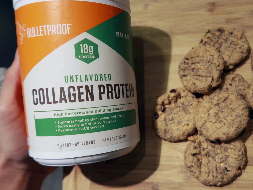 Snacks required when getting up earlier! - This is a peanut butter breakfast cookie: 1 cup peanut butter, 2 chia eggs, cacao nibs, 1/2t vanilla, 1 scoop Bulletproof collagen protein unflavored, 1 scoop MCT powder, salt to taste