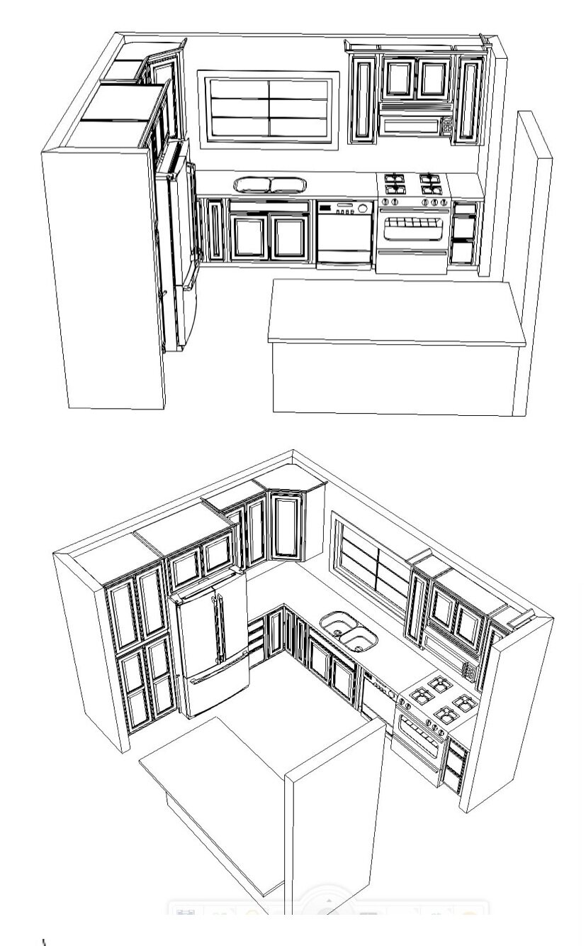 Major changes in the design include cabinets and crown molding that reach the ceiling, a larger panty, centering the sink to the kitchen window and making the ‘island’ level and slightly larger.