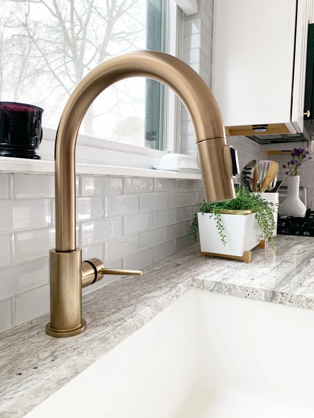 Delta Trinsic Faucet in Champagne Bronze ; Granite Composite Sink ; White Plant Pot