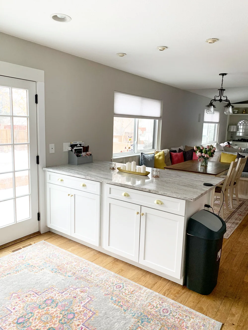 If you notice, we went with a slightly larger level kitchen ‘island’ (peep the before again to see the dual level ‘island’ that was there before) Pictured: Gold Candle Holder ; Geometric Tealight Holders