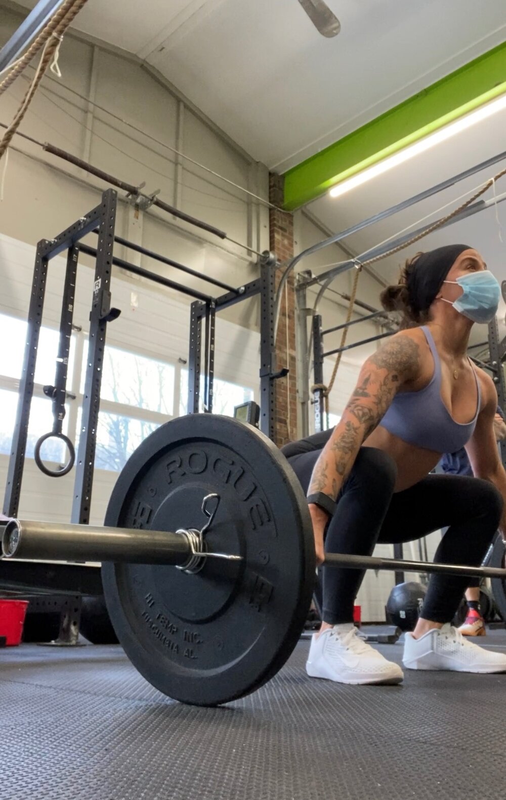 First crossfit class in over a year. Wearing Custom  Metcon 6 sneakers ,  leggings  and  bra .