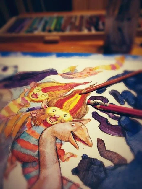 Adding more linework, paint and colored pencil