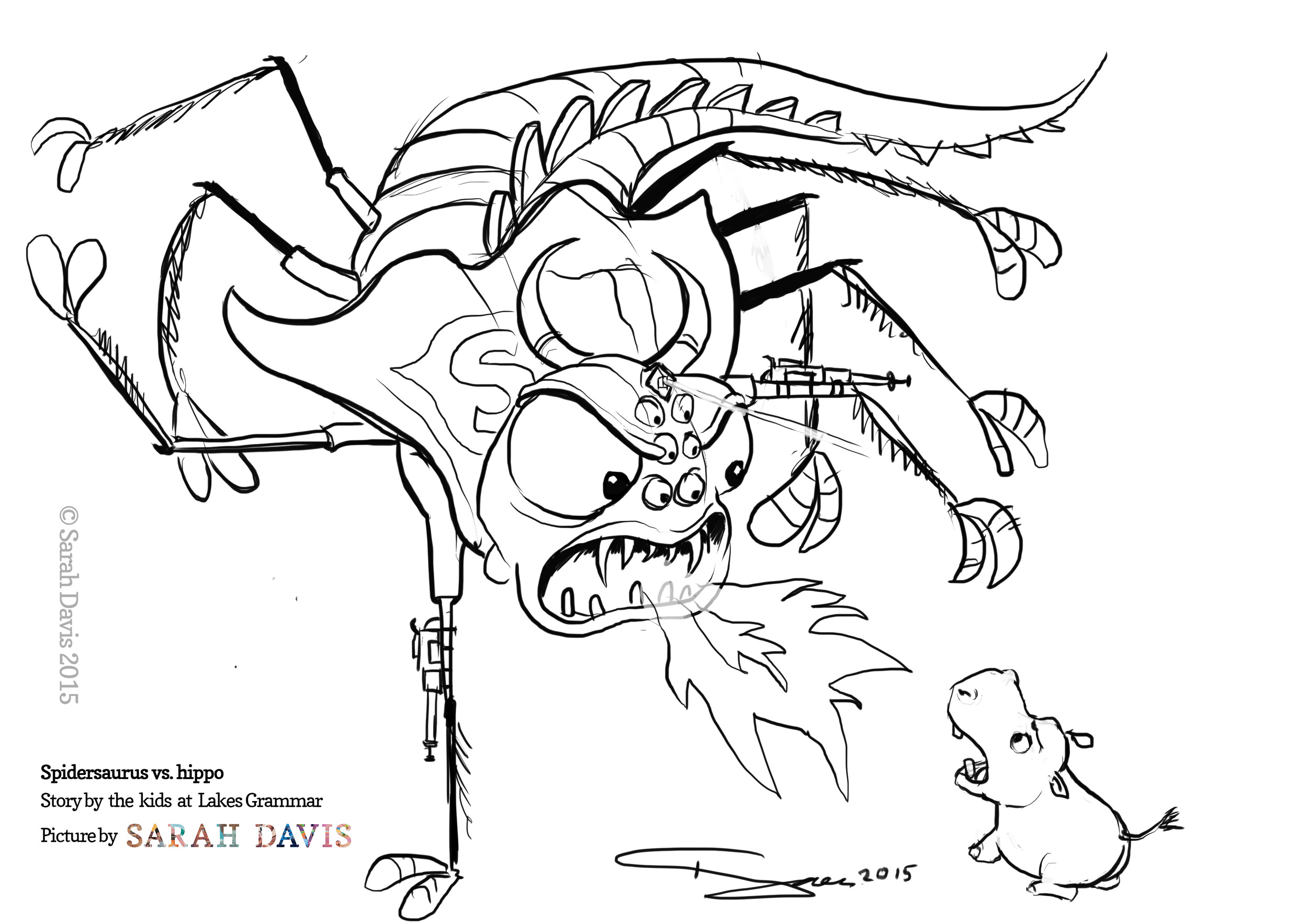 The Lakeview Grammar kids told me to draw an acrobatic Spidersaurus attacking a hippo while breathing fire. Of course. 