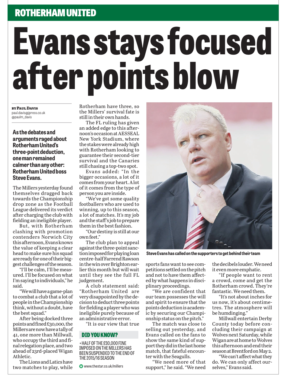 COOL CUSTOMER: THE STAR REPORTS MILLERS BOSS STEVE EVANS REACTION TO THE NEWS OF A THREE-POINT DEDUCTION