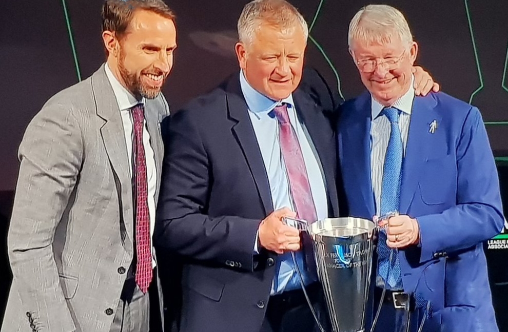CENTRE STAGE: Chris Wilder receives the League Managers Association Manager of the Year trophy from Sir Alex Ferguson watched by England boss Gareth Southgate.
