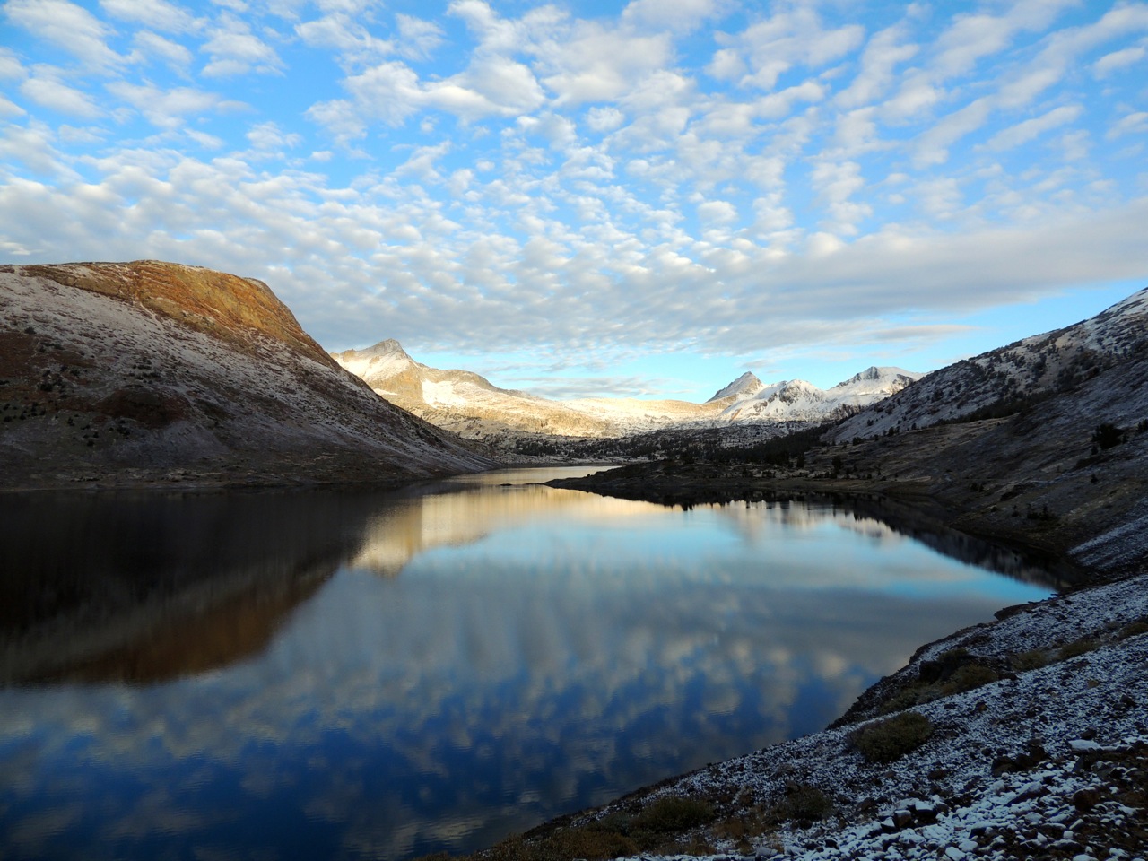 Saddlebag Lake at dawn, after a night of light snow
