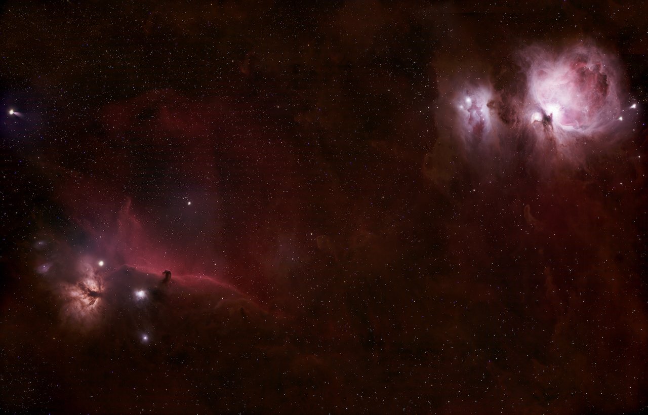 A wide view of Orion showing the Flame, Horsehead, Orion and Running Man Nebulae