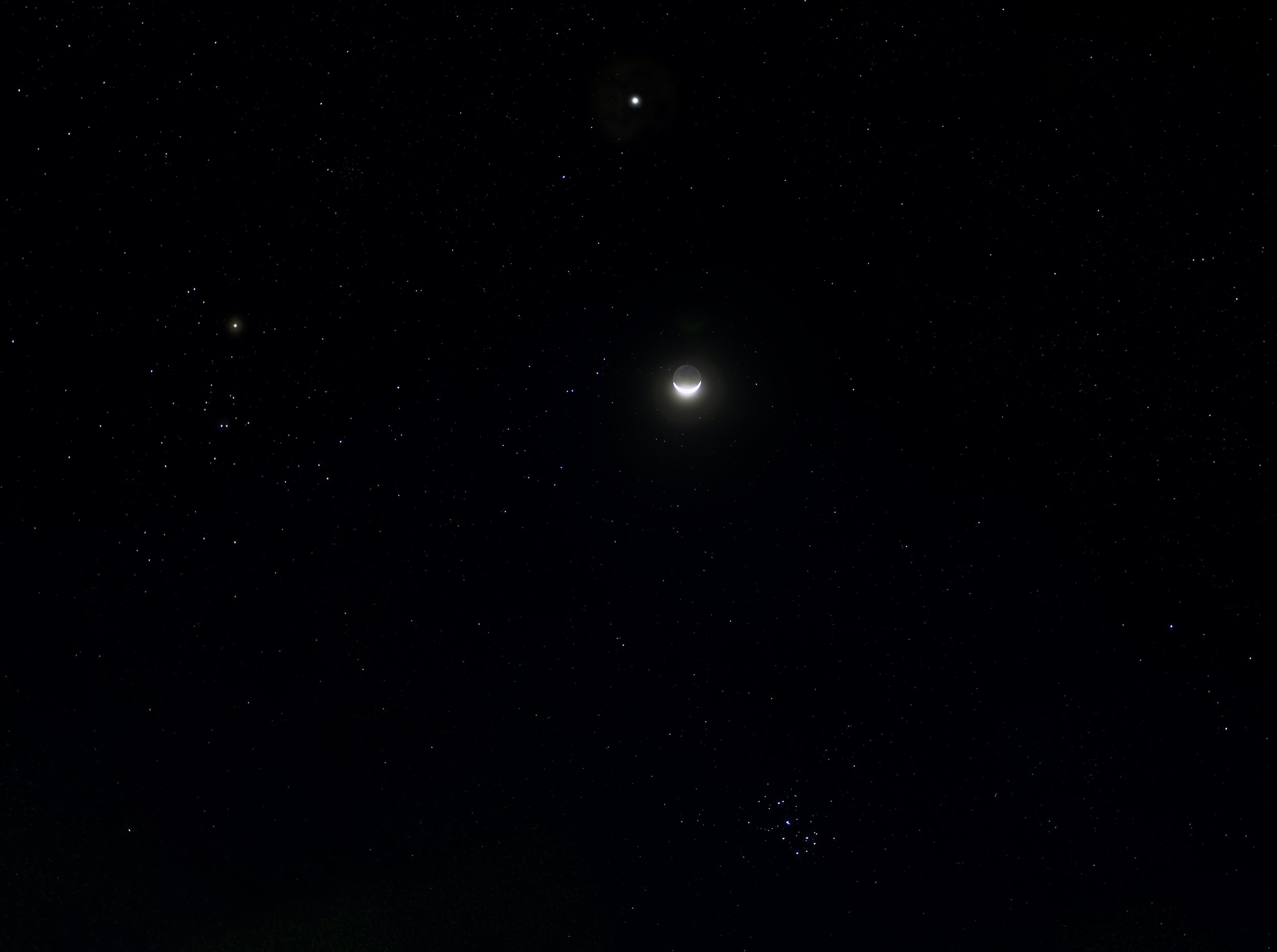 The moon and Venus with the Hyades and the Pleiades