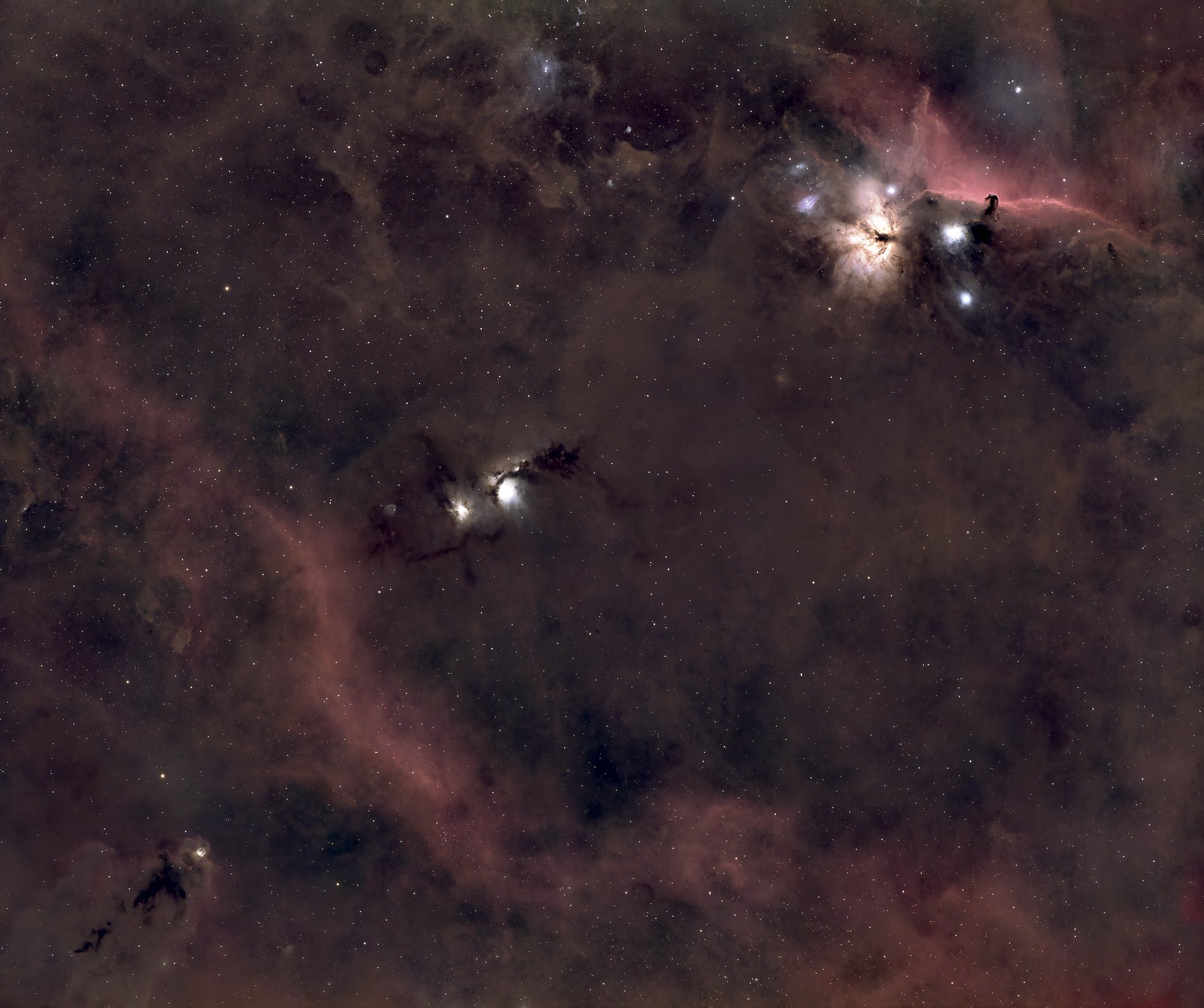 A wide view of Orion with Flame and Horsehead, M78, the Boogeyman, and part of Barnard's loop