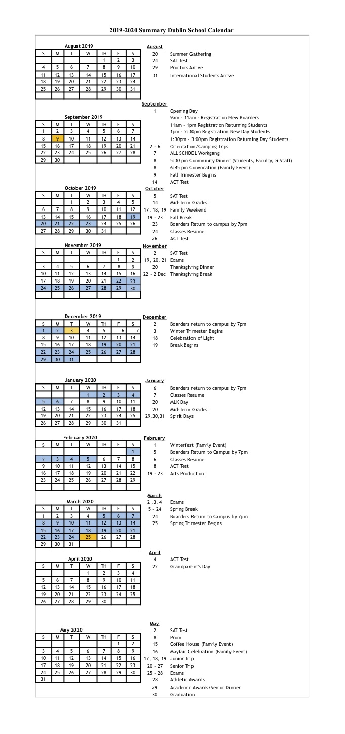 calendar at a glance 2019 2020 dublin school year at a glance 2020
