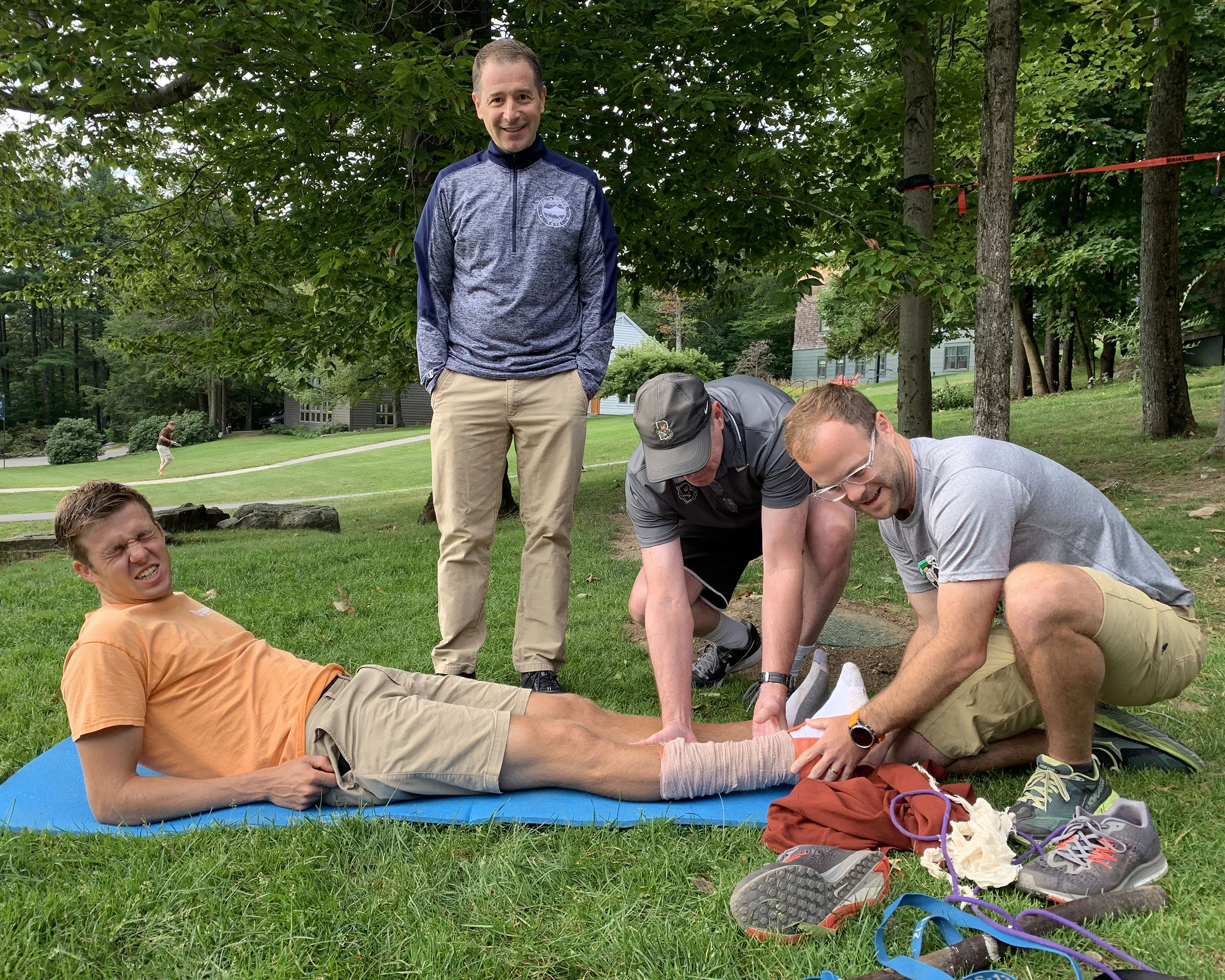 It’s all in a days work. Learning how to splint an injured ankle during wilderness first aid training.