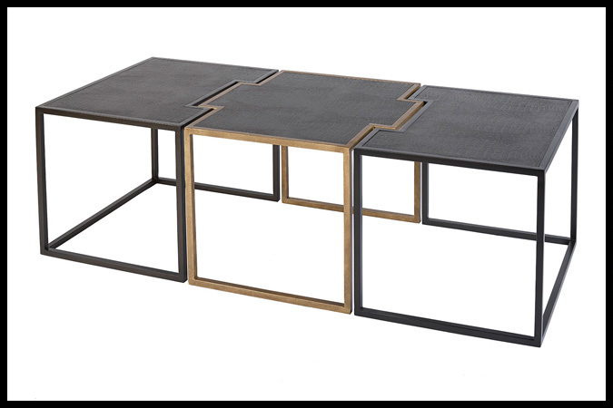 Cocktail Table Size Shown: 25" x 60" x 19"H Ebony/Burnished Iron HSG Finish Black Embossed Crocodile Leather Top Designed by Barry Johnson