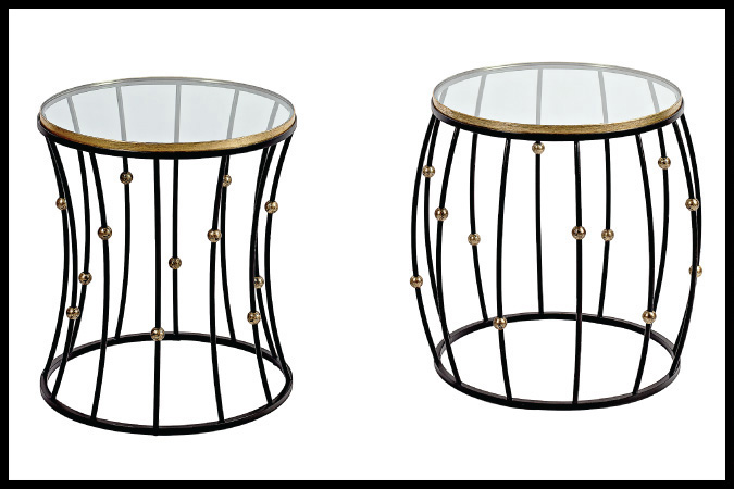 Party Table Size Shown: 18" Dai. x 28" Glass Top with Worn Gold Leaf Trim. Ebony with Worn Gold Leaf Balls. Designed by Barry Johnson