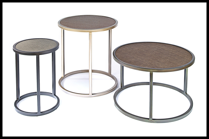 Cocktail Size Shown: 29" Dia. x 18"H Etched Bronze with Vinyl Top End Size Shown: 24" Dia. x 26"H Pewter with Gold with Vinyl Top Drink Size Shown: 16" Dia. x 22"H Ebony with Vinyl Top