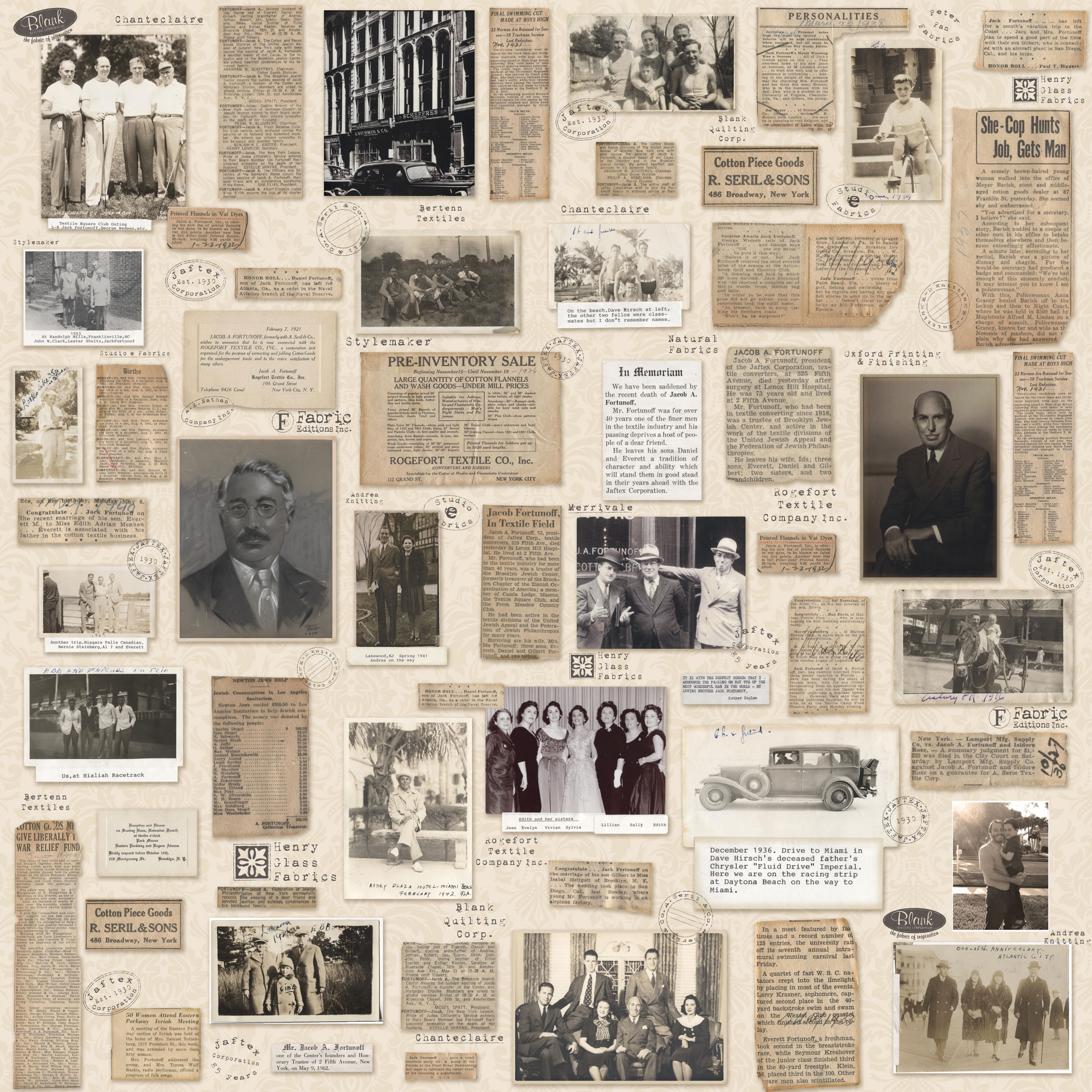 Sample of a special anniversary fabric that was designed using old photographs from the Fortunoff family.