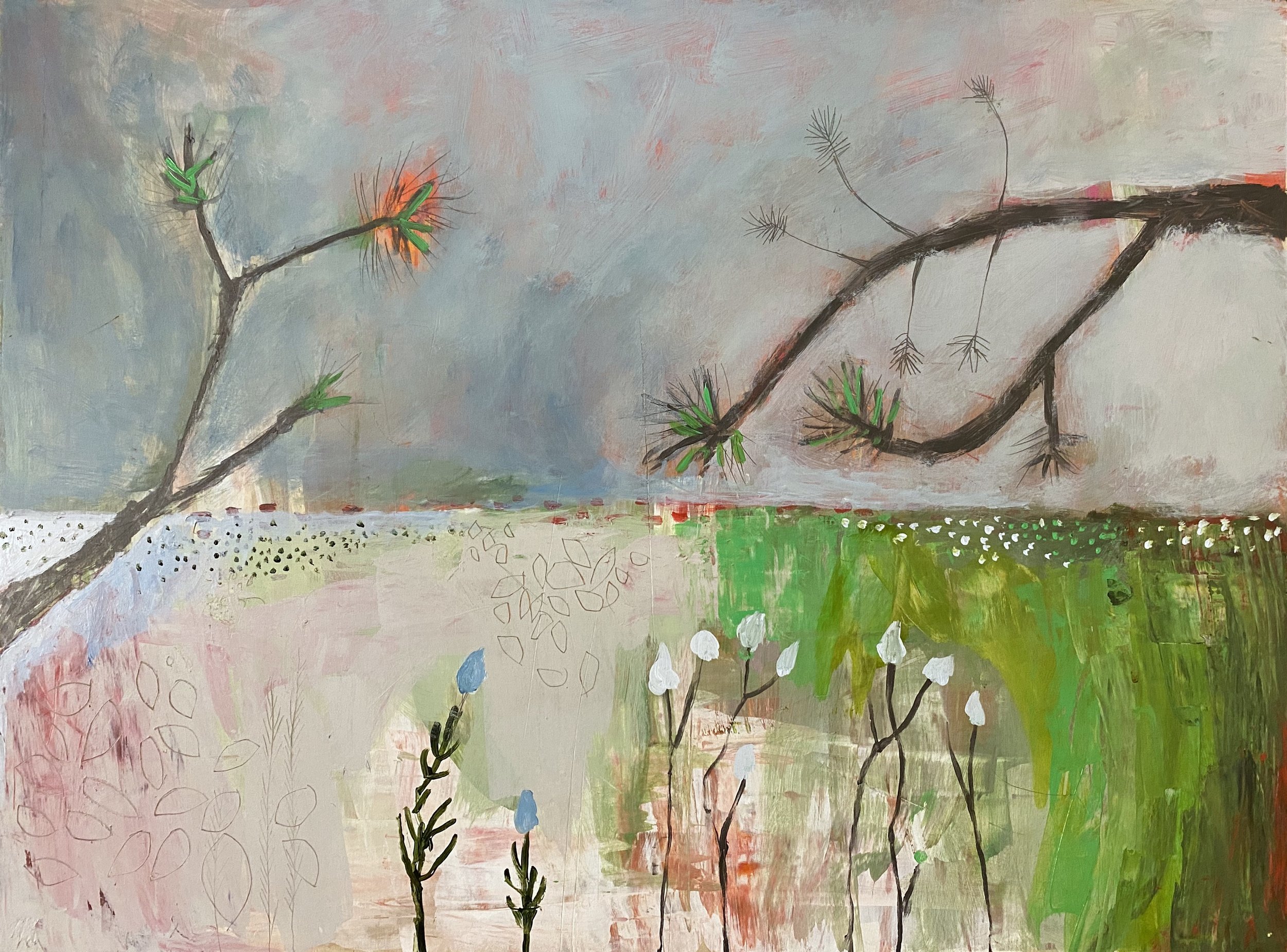 "Stormy Lake," mixed media on cradled wood panel, 18" x 24" $595