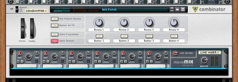 1. I begin by inserting a combinator and a line mixer into my rack. The line mixer is routed into my combinator. 