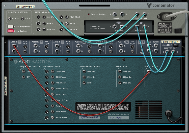 2. Then I add my sounds (i.e. NN-XT samplers, Subtractor synths, etc) into the combinator. I make sure to select my line mixer by clicking it before I create new devices, so it's automatically routed into the mixer. This allows you to adjust the level of each sound independently. 