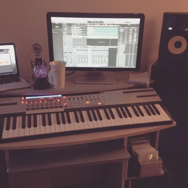 This is where I do most of my production work and patch design. Note the empty cup of coffee prominently placed on the desk- it's probably my most important tool. 