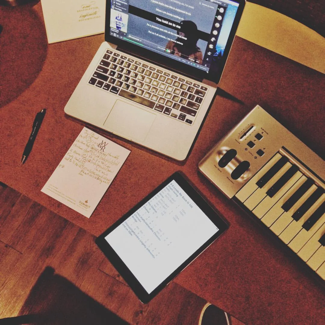 All the tools of the trade for working up songs: Spotify for audio, M-Audio keyboard for working out the details, Nashville Numbers charts on an iPad, and my handwritten one-sheet for onstage.