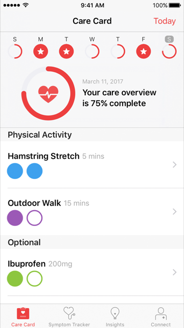 Care Card: Users see a simple, consistent presentation of their care plan across multiple conditions and providers