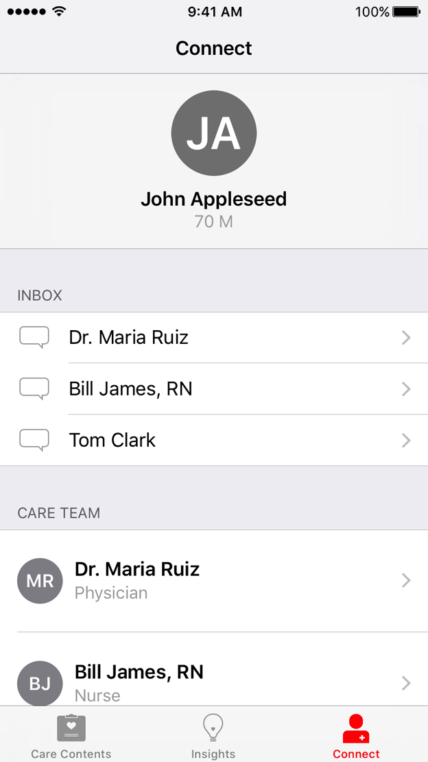 Connect: Users have a simple and secure portal to communicate not just with professionals, but caretakers and loved ones
