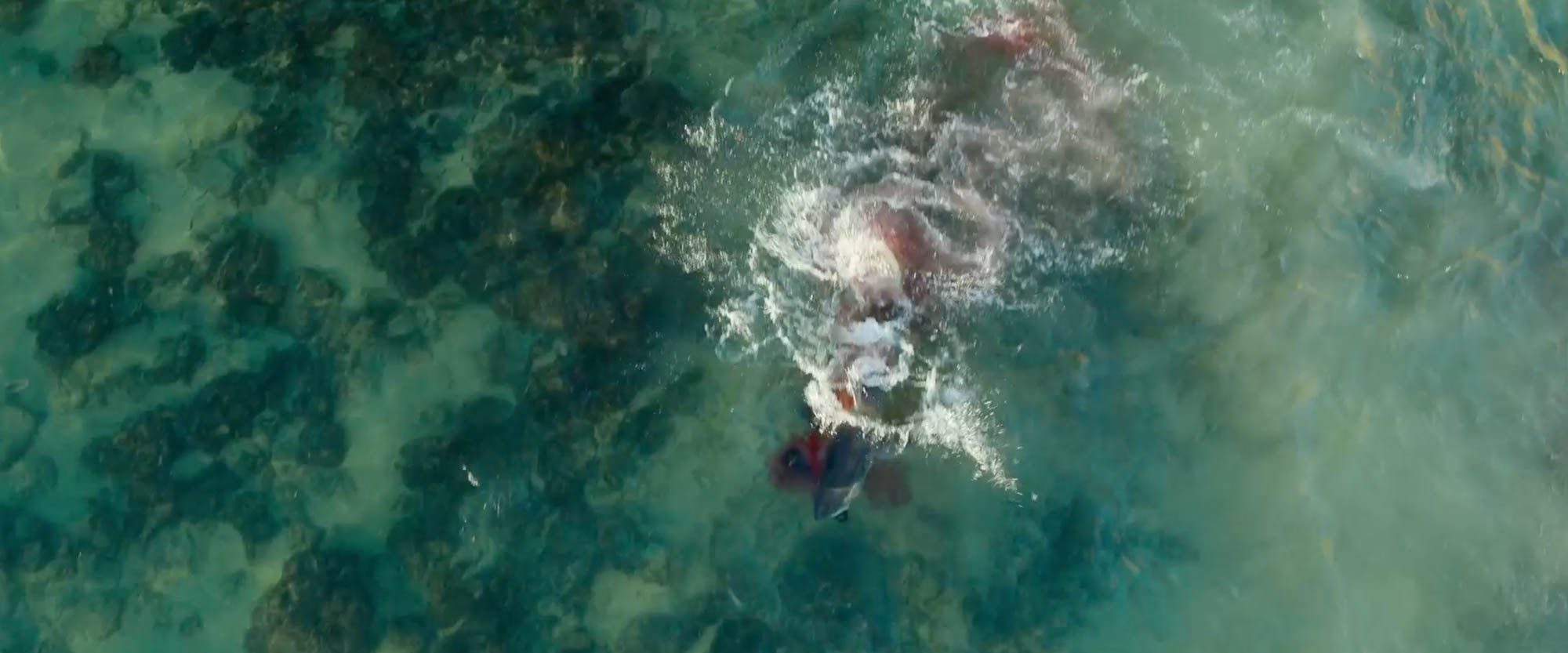 An aerial view of a person swimming in clear water surrounded by rocks.