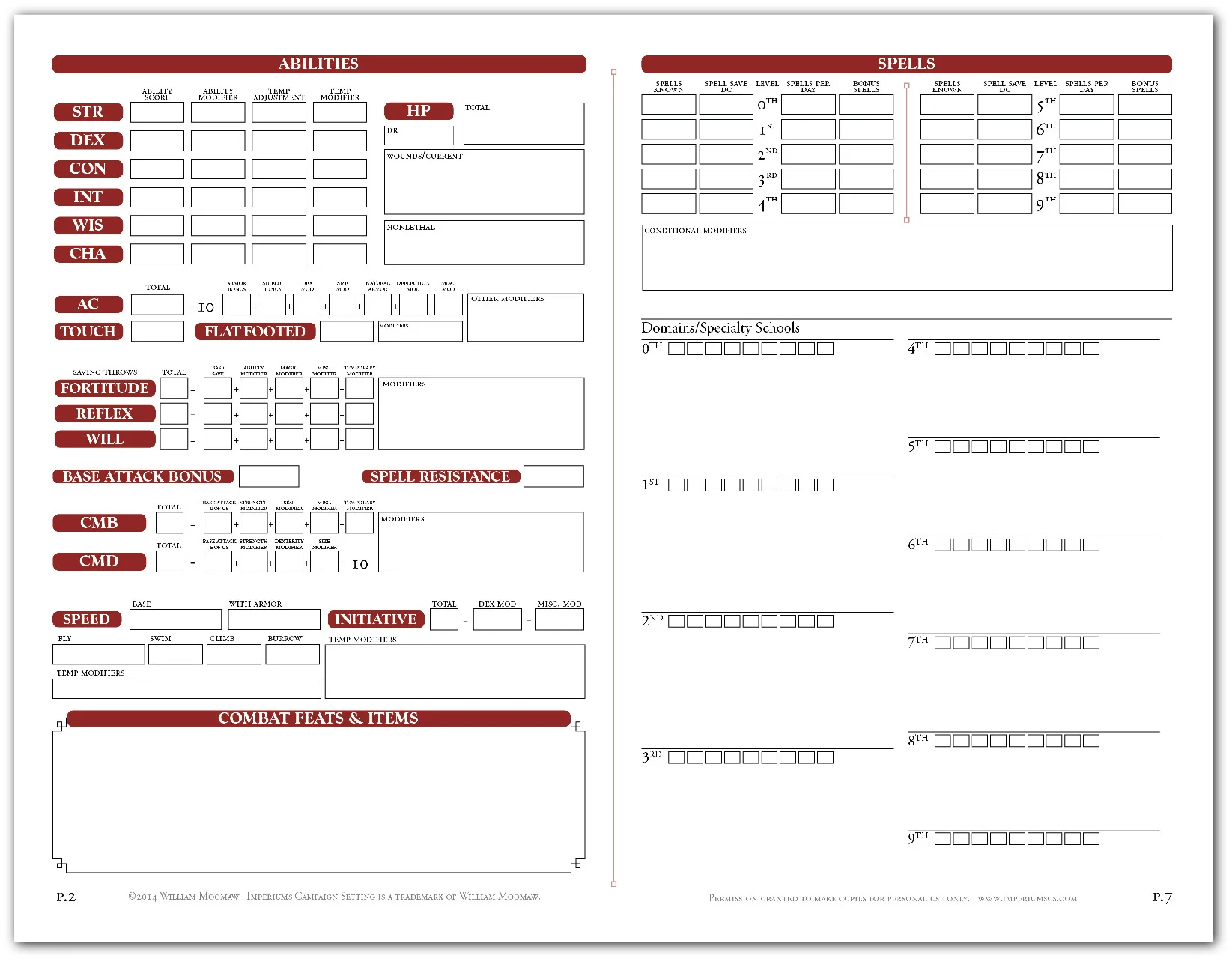 Adventure Path custom character sheet sample - 4 pages that fold to 8-page 5.x"x8.5" pamphlet.