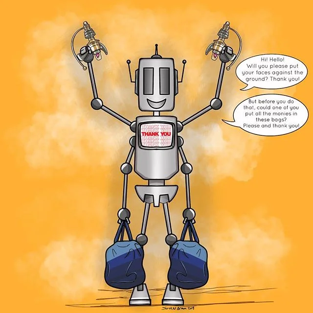 My heavens he&rsquo;s so polite. 👵  This is for @kactiguy and the #drawmyraygun challenge. I love the mashup idea. &bull;
&bull;
&bull;
#marchofrobots #marchofrobots2019 #ipadpro #applepencil #procreate #procreateapp #digitalart #digitaldrawing #rob