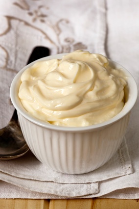 white ceramic ingredients bowl of homemade mayonnaise