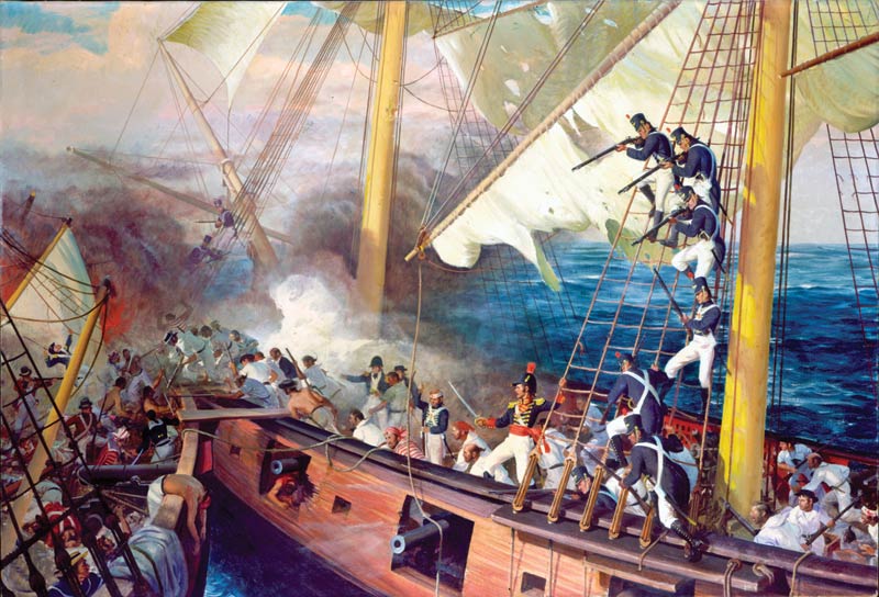 Documenting lesser known events in history was part of John Ford Clymer's genius. This painting is of a battle at sea during the War of 1812 depicting when the U.S.S. Wasp captured the H.M.S. Reindeer on June 28, 1814.