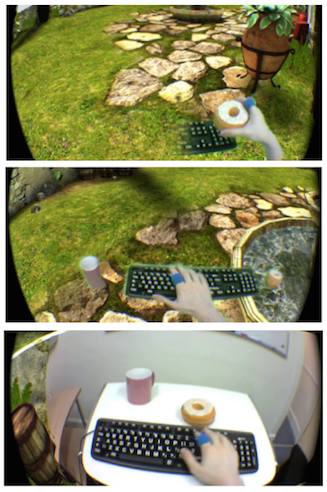 Top: Minimal blending (reality around user’s hands). Middle: Partial blending (all interactive objects). Bottom: Full blending (all of reality). From A Dose of Reality: Overcoming Usability Challenges in VR Head-Mounted Displays , McGill et al. 2015