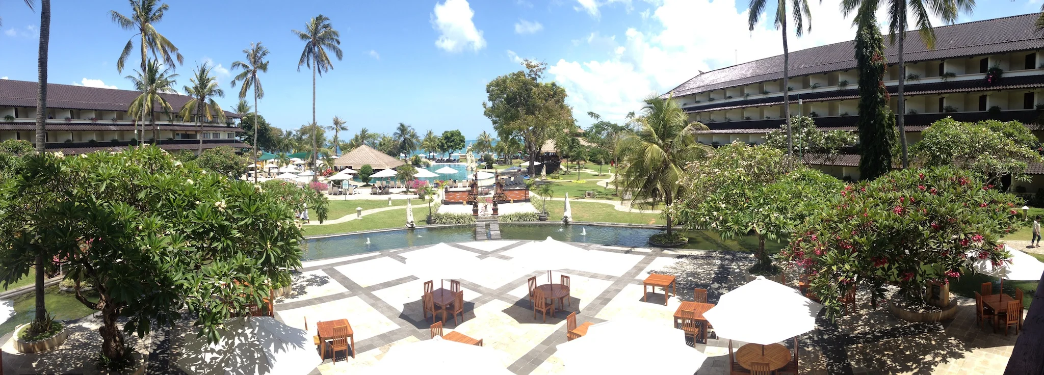 A panoramic view of the hotel I was staying at in Kuta, Bali. The Discovery Plaza was a nice enough hotel. This is a panoramic view of the grounds.