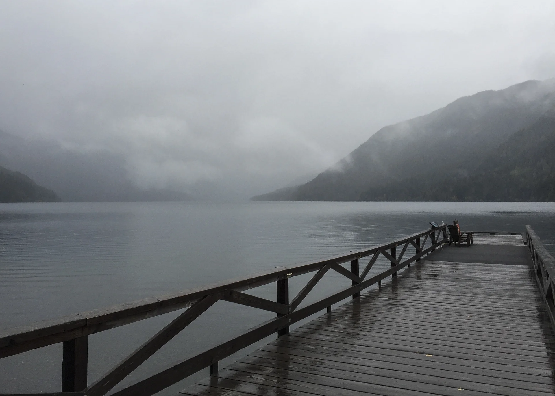 View out over the lake from the dock at Lake Crescent Lodge, on our very grey and rainy Saturday morning.