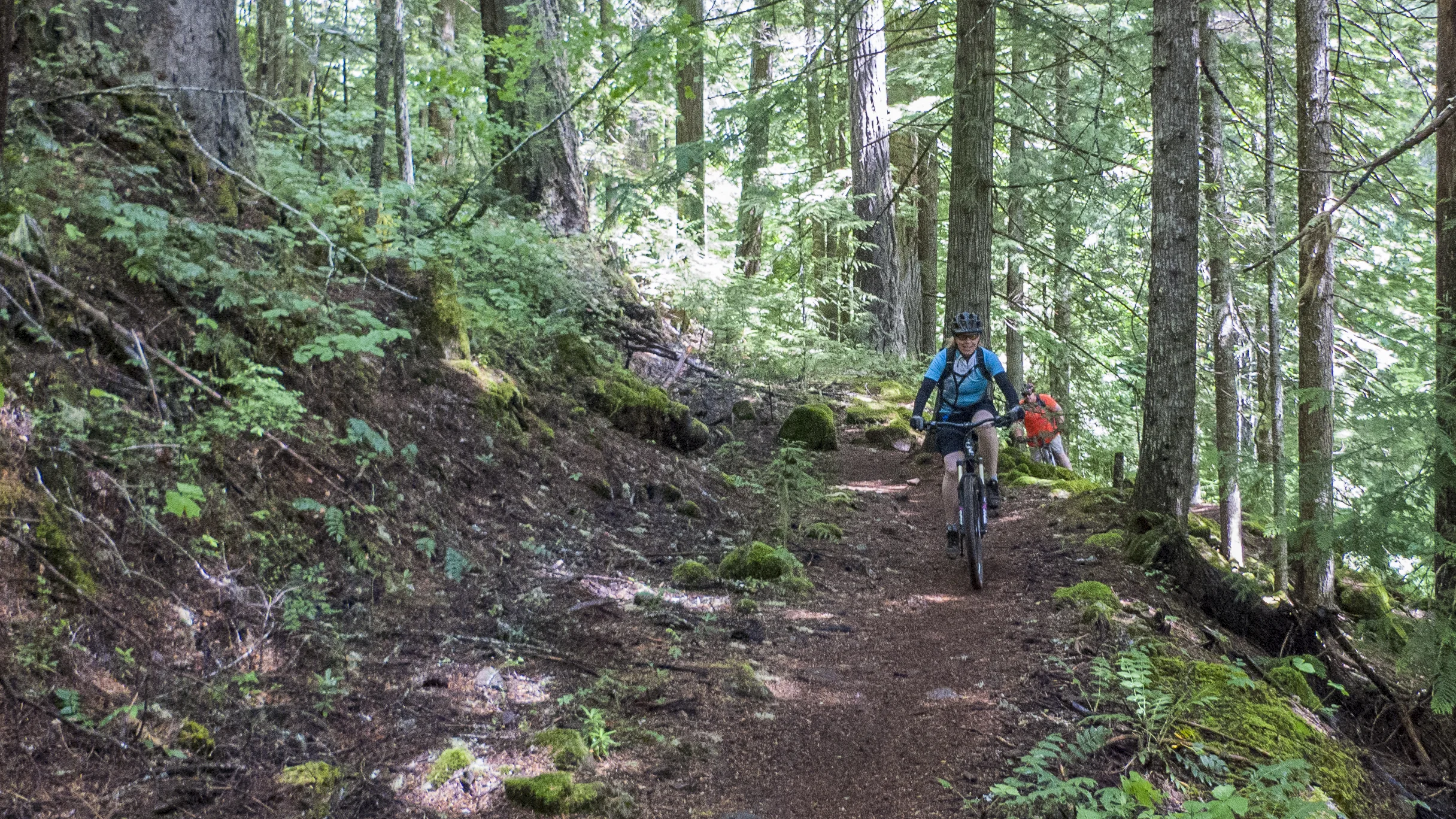 Justine and Graham climbing through the forest.