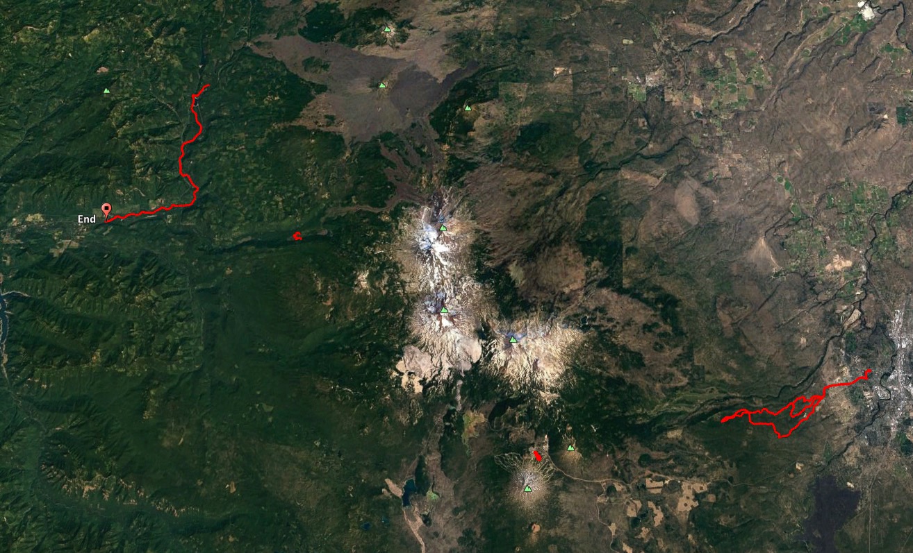 A Google Earth view of our three mountain bike rides and one hike while we were in Bend.