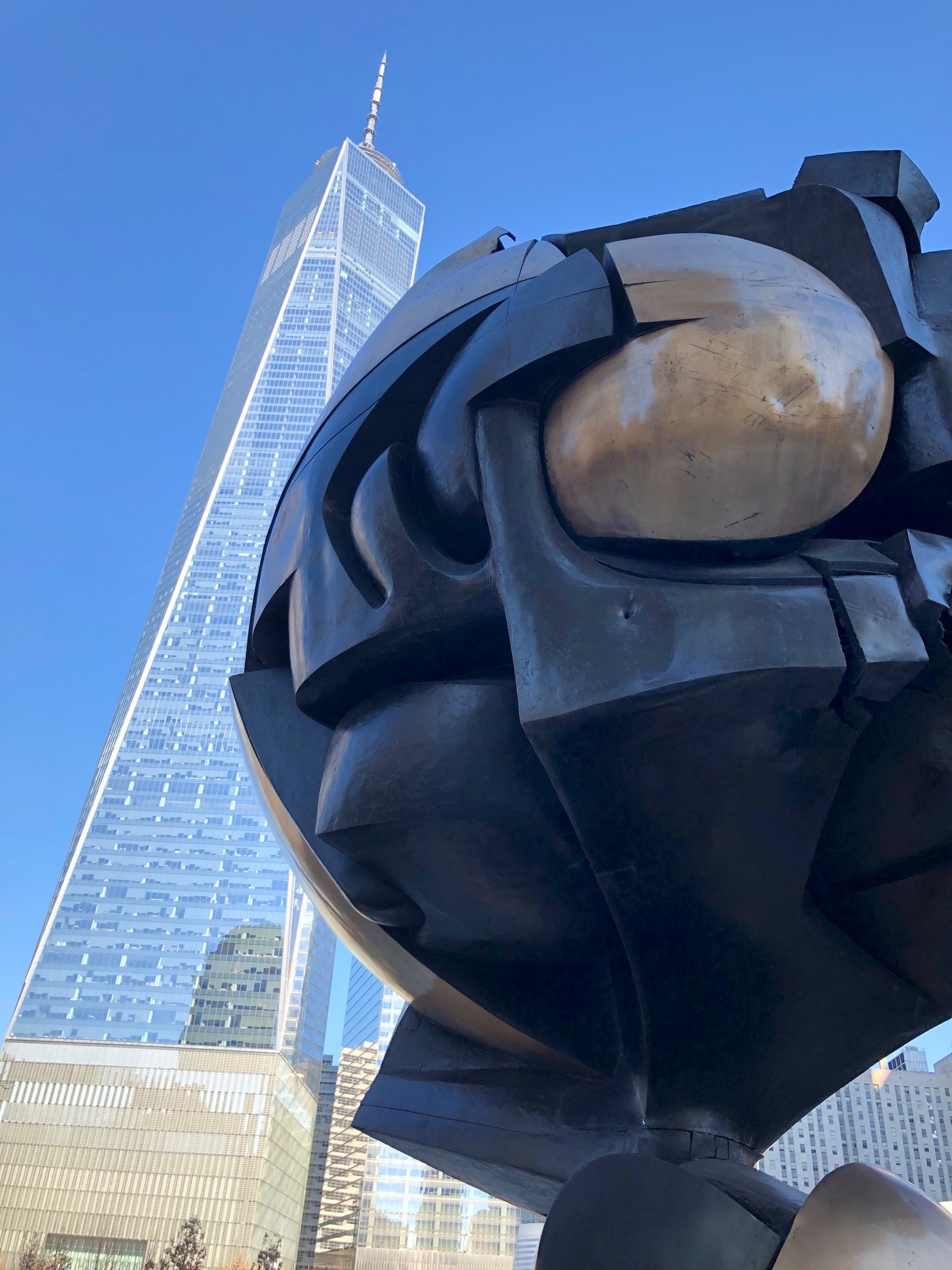  This sculpture was in the plaza at the original World Trade Center. It was pulled from the rubble after 9-11, and added to this park overlooking the site. 