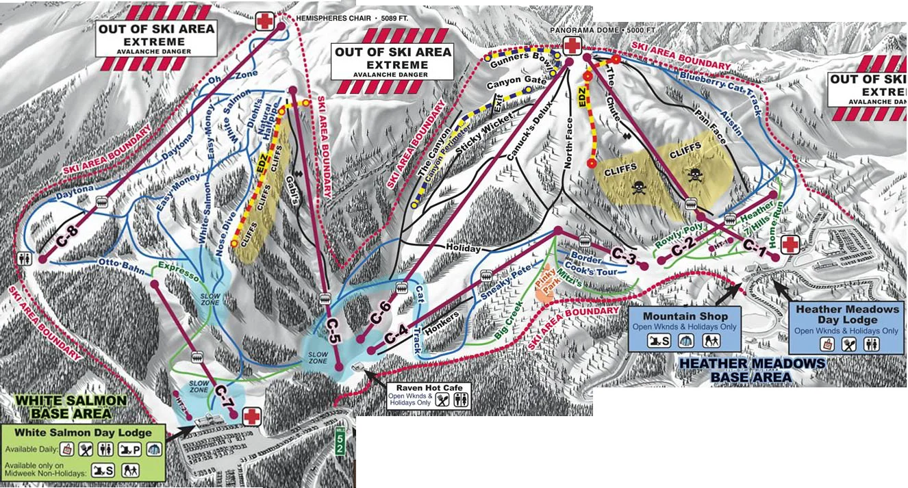 The trail map for Mount Baker. We ended up skiing the C-8/C-7 lifts most of the first day as the visibility wasn't very good. We skied both mountains the second day once the skies cleared.