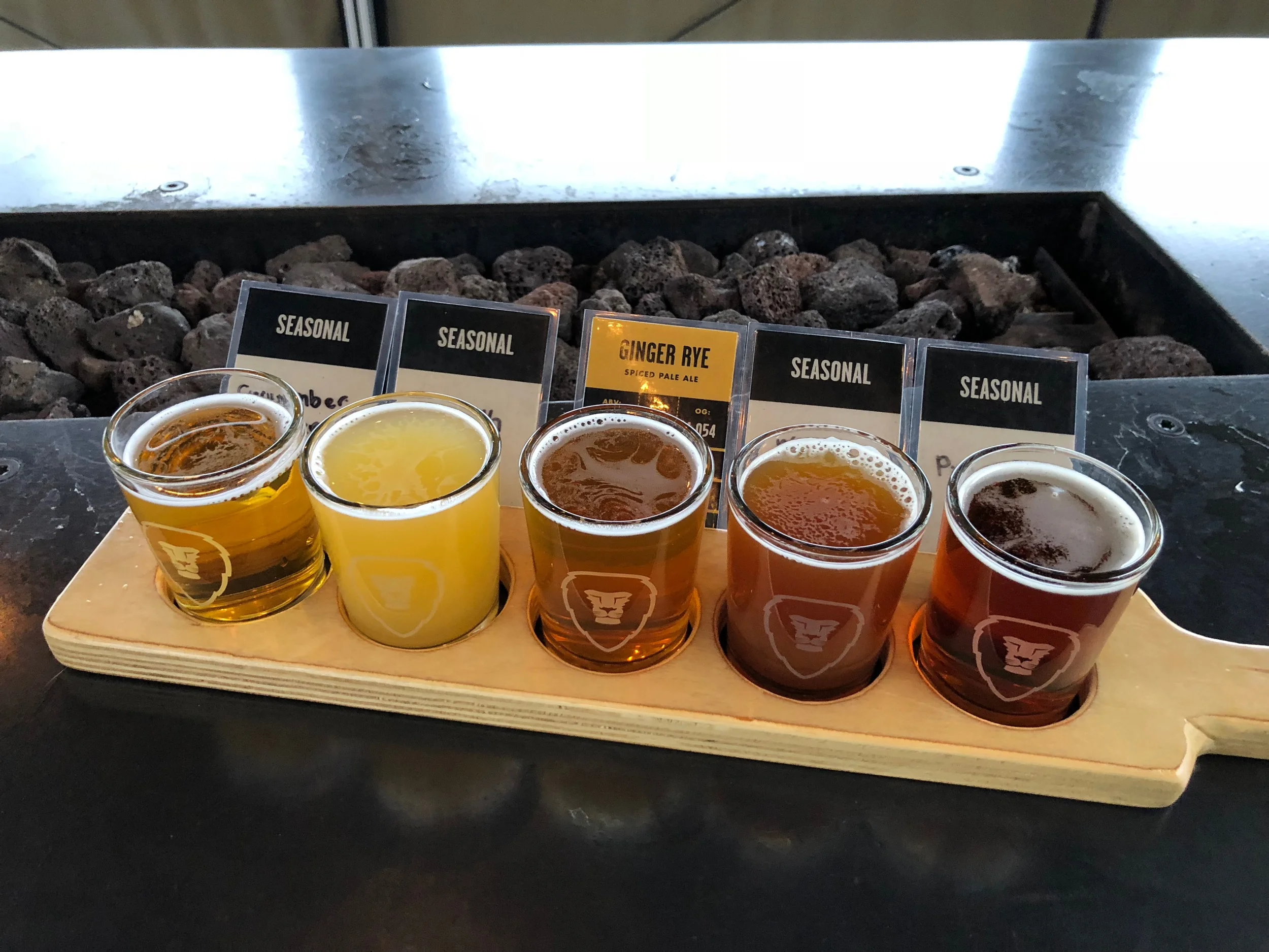 A tasting flight at Aslan Brewing. Good beer, and good food.