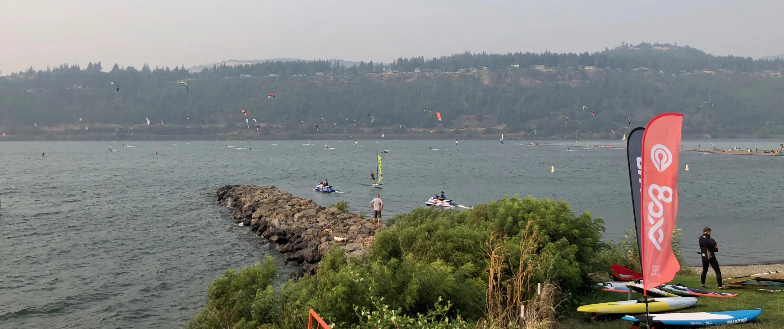 A view out over the event site and all the kite boarders and wind surfers.